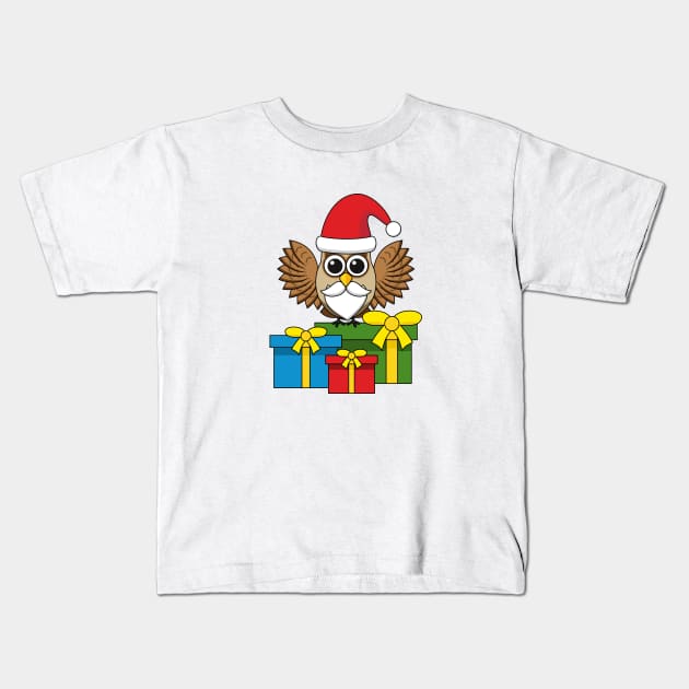 Santa Claus Owl with Presents Kids T-Shirt by BirdAtWork